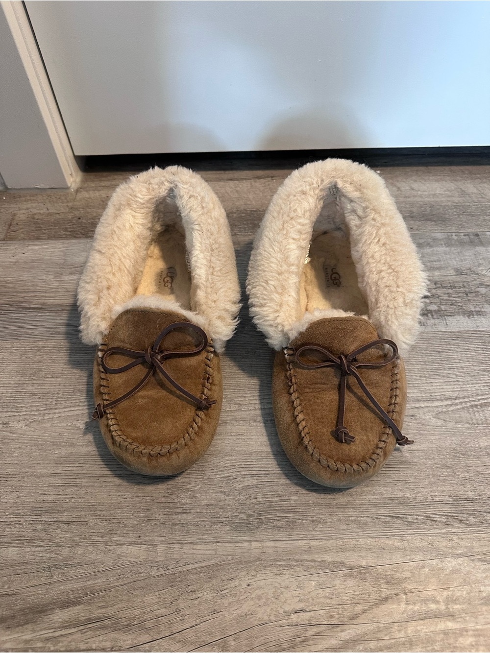 UGG Women's Chestnut Brown Suede Moccasin Slippers with Cream Shearling